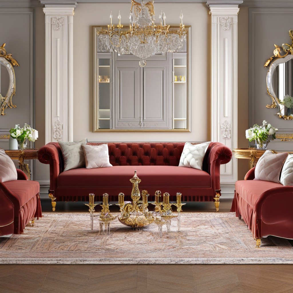 Muebles barrocos en el vestíbulo de un hotel con sillones dorados y candelabro