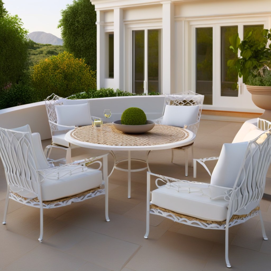 Conjunto blanco de muebles de jardín de hierro forjado en una terraza elegante de Casa Padrino