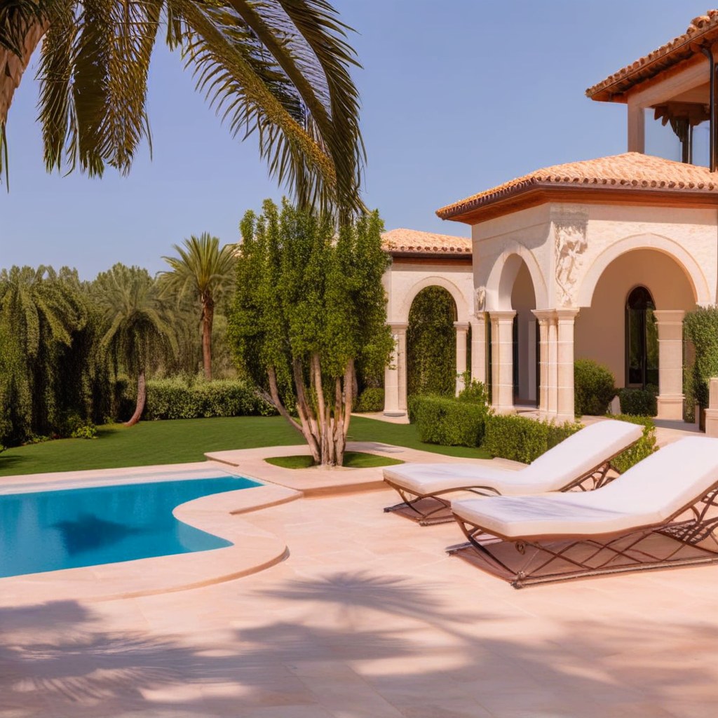 Elegante conjunto de muebles de jardín de hierro forjado junto a la piscina de una villa de lujo de Casa Padrino