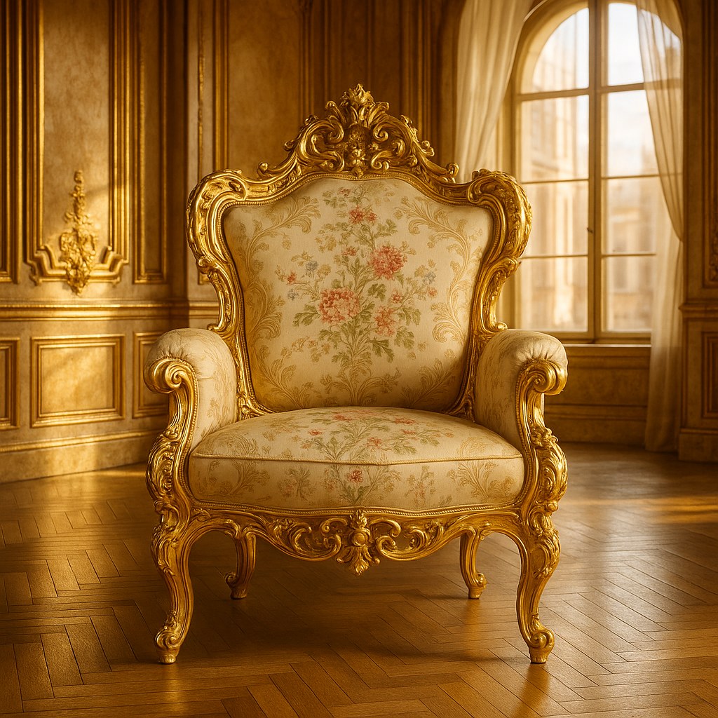 Sillón barroco dorado con motivo floral en el salón de un castillo de Casa Padrino