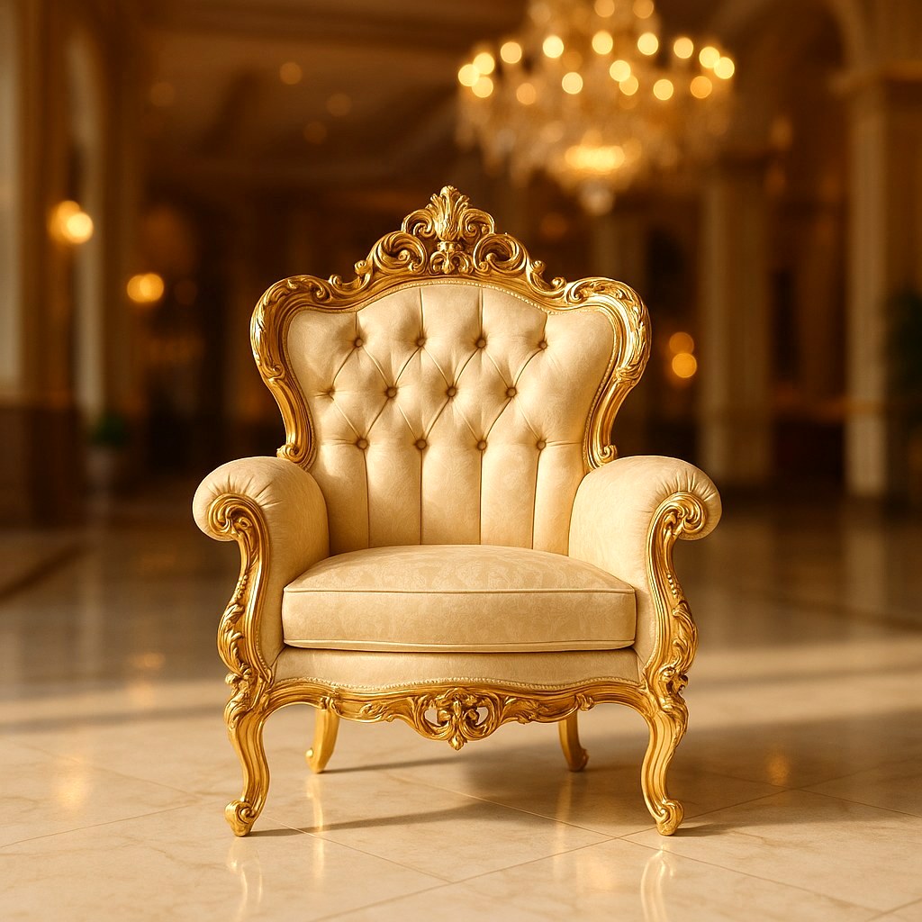 Elegante sillón barroco en crema y oro en el lobby de un hotel de lujo de Casa Padrino