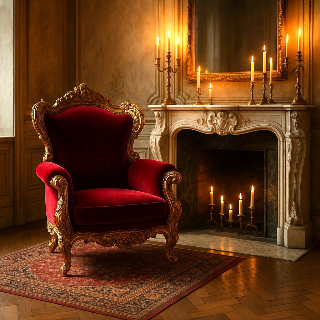 Sillón barroco de lujo con terciopelo rojo junto a la chimenea de un castillo de Casa Padrino