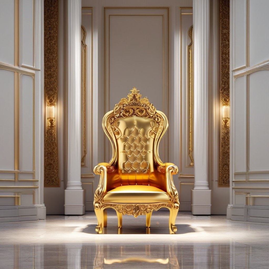 Sillón trono VIP dorado con asiento de terciopelo sobre un escenario iluminado de Casa Padrino