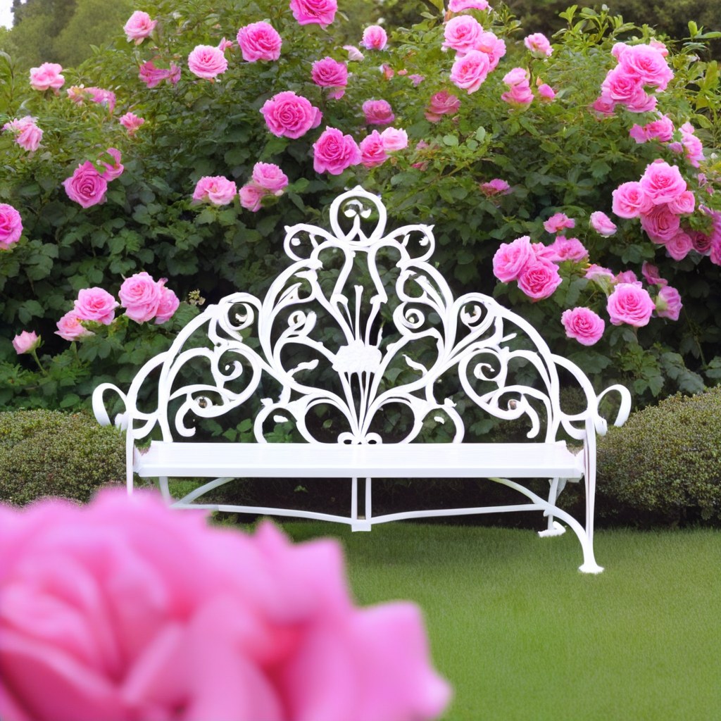 Banc de mobilier de jardin en fer forgé blanc aux ornements floraux dans une roseraie de Casa Padrino
