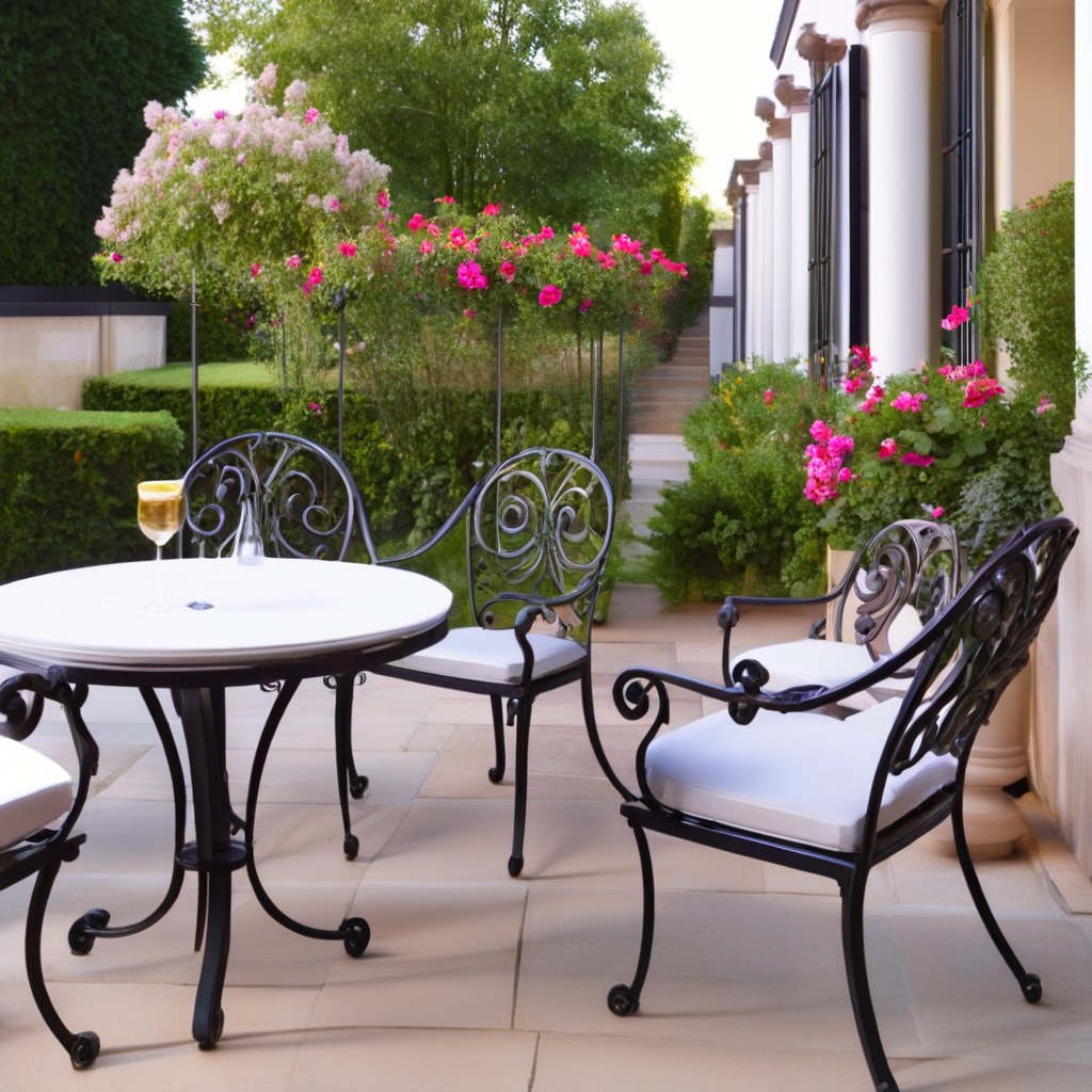 Chaises de mobilier de jardin en fer forgé ornées sur une élégante terrasse d'hôtel de Casa Padrino