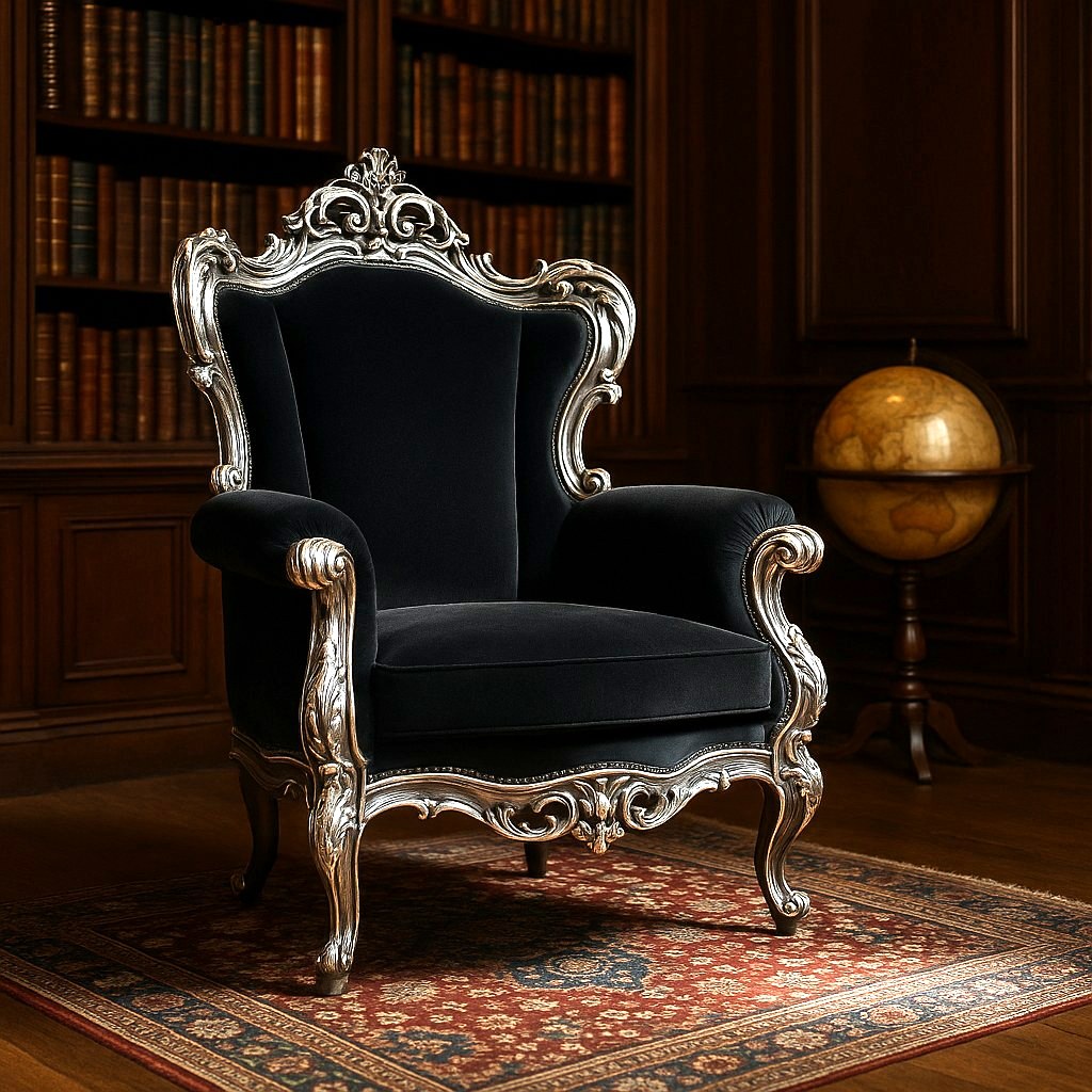 Fauteuil baroque noir à cadre argenté dans une bibliothèque élégante de Casa Padrino