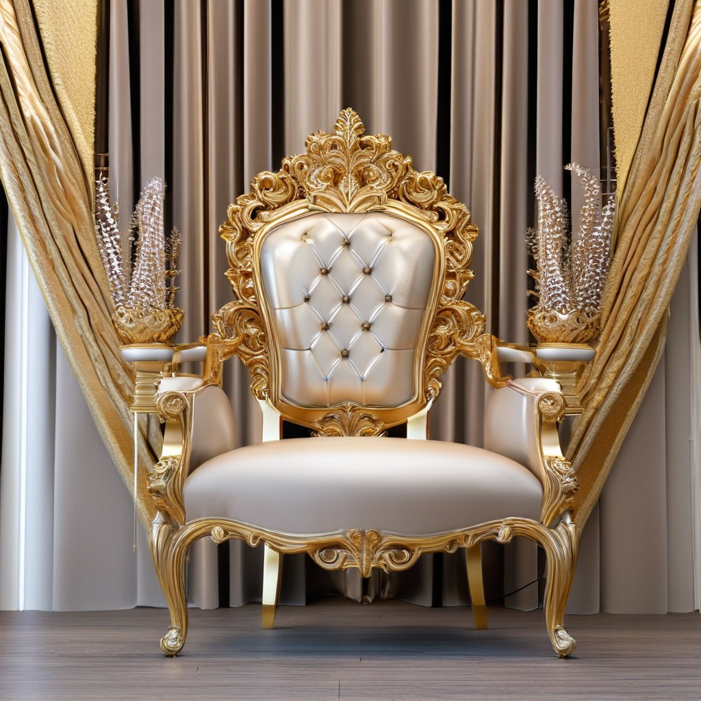 Fauteuil trône VIP doré au coussin de velours sur une scène illuminée par Casa Padrino