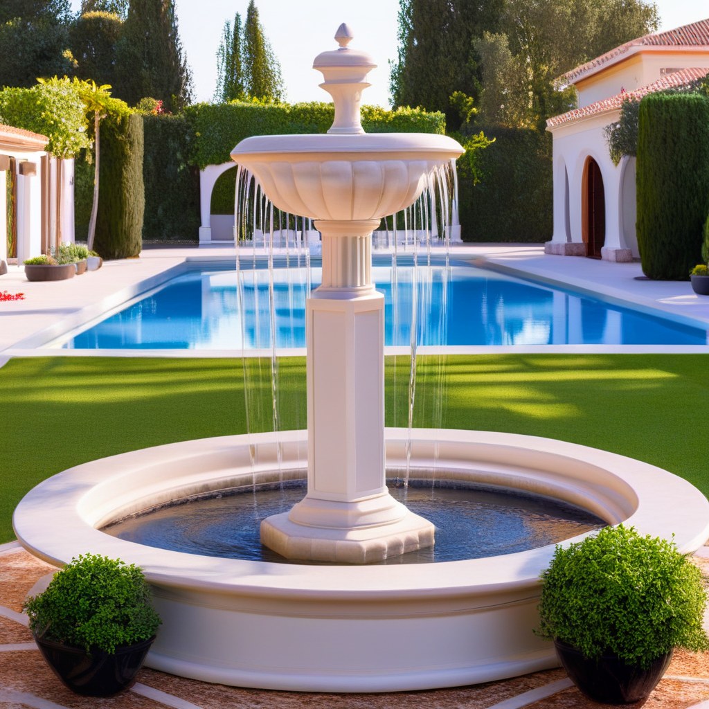 Fontaine à étages en marbre blanc sur une terrasse de villa par Casa Padrino