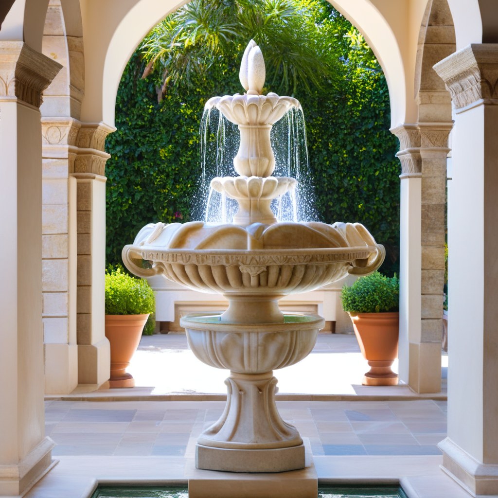 Fontaine murale en pierre sur une terrasse de luxe par Casa Padrino