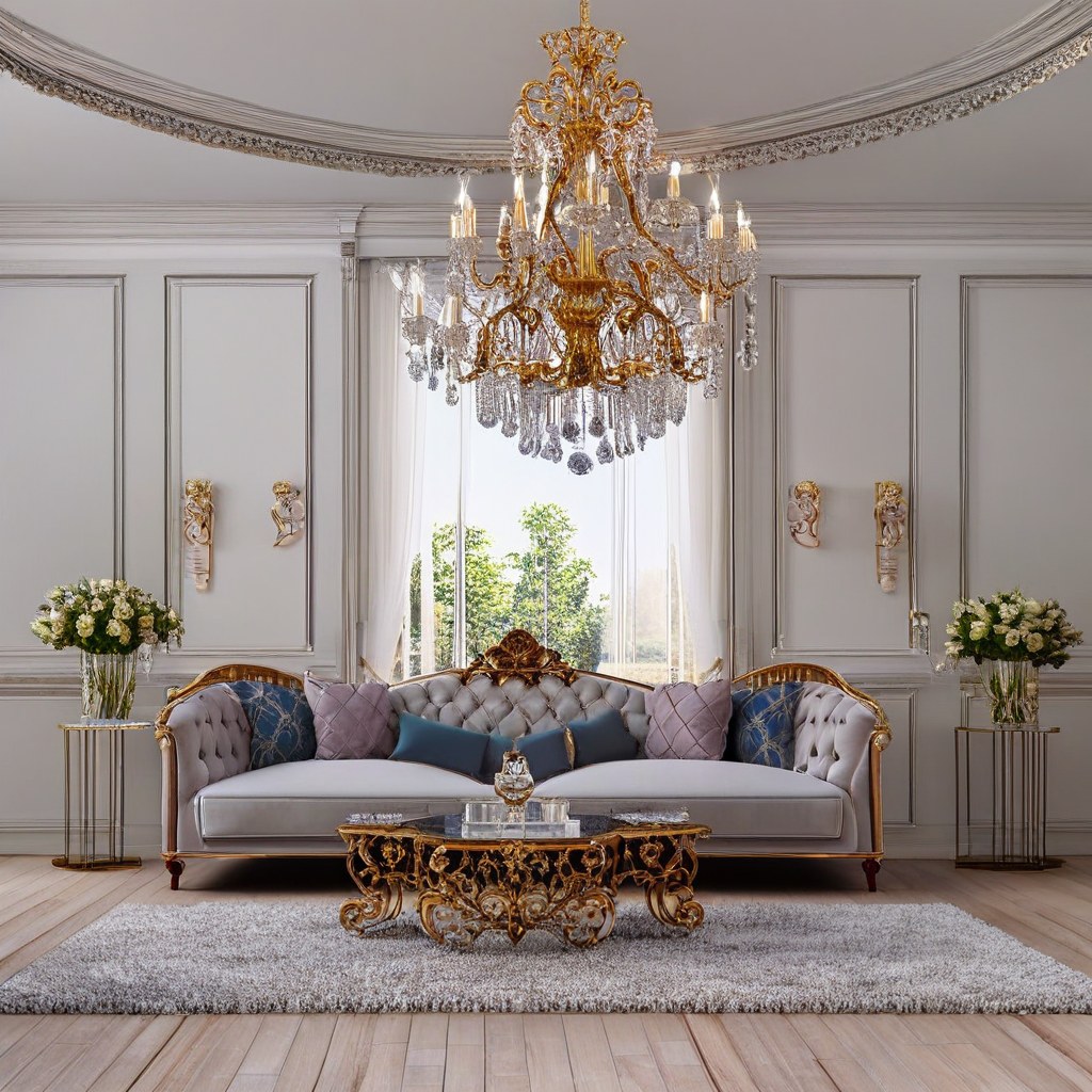 Ensemble baroque dans un hall d'hôtel avec fauteuils dorés et sol en marbre