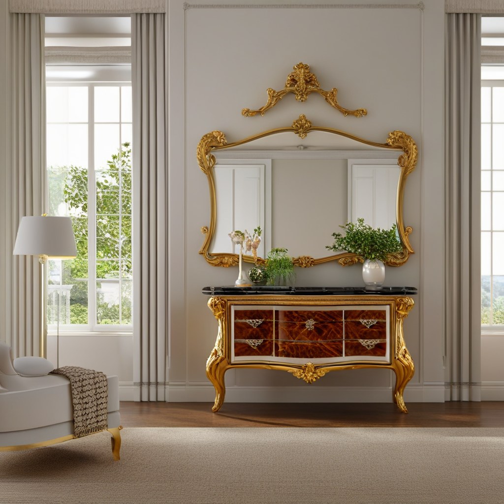 Meubles baroques dans une chambre avec lit baroque capitonné et commode baroque