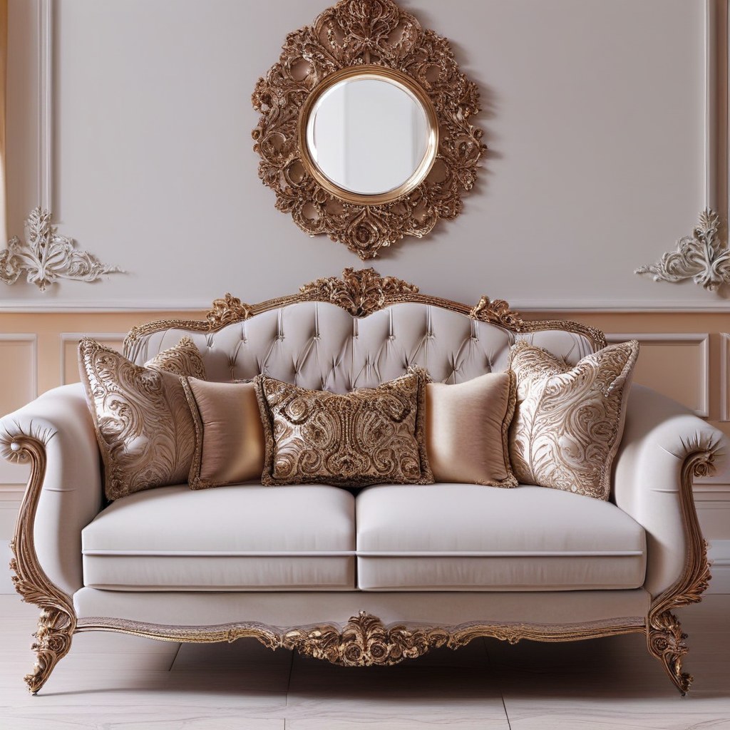 Meubles baroques dans un hall d'hôtel avec fauteuils baroques dorés et lustre