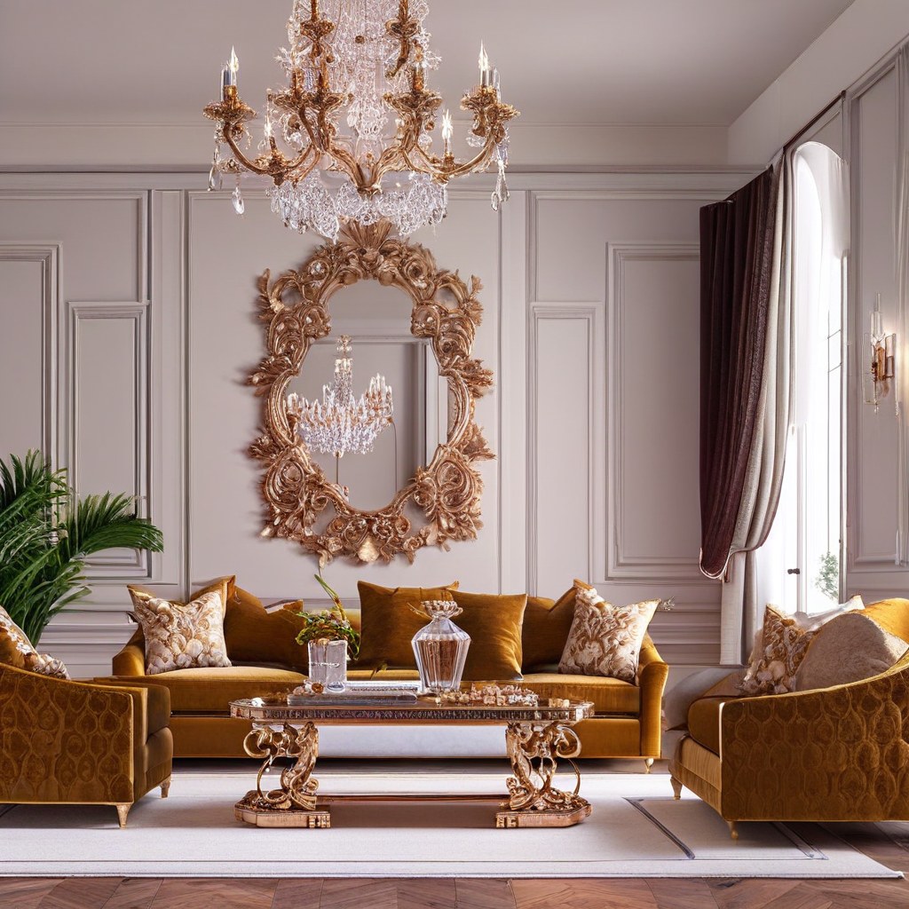 Détail d'une reproduction de meuble baroque avec ornement sculpté à la feuille d'or