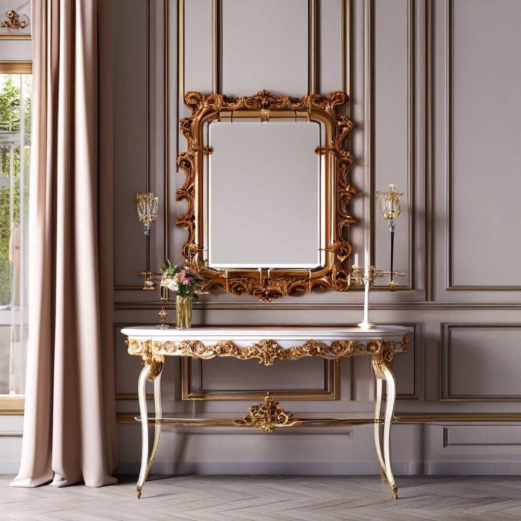 Salle à manger baroque avec vitrine, table à manger et grand miroir baroque