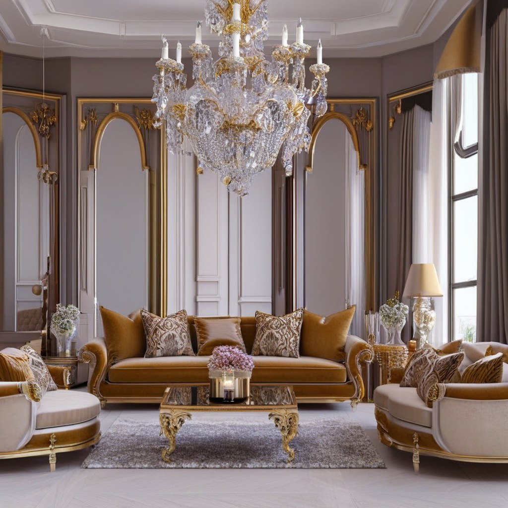 Ensemble de meubles baroques en gros avec fauteuils dorés et miroir somptueux