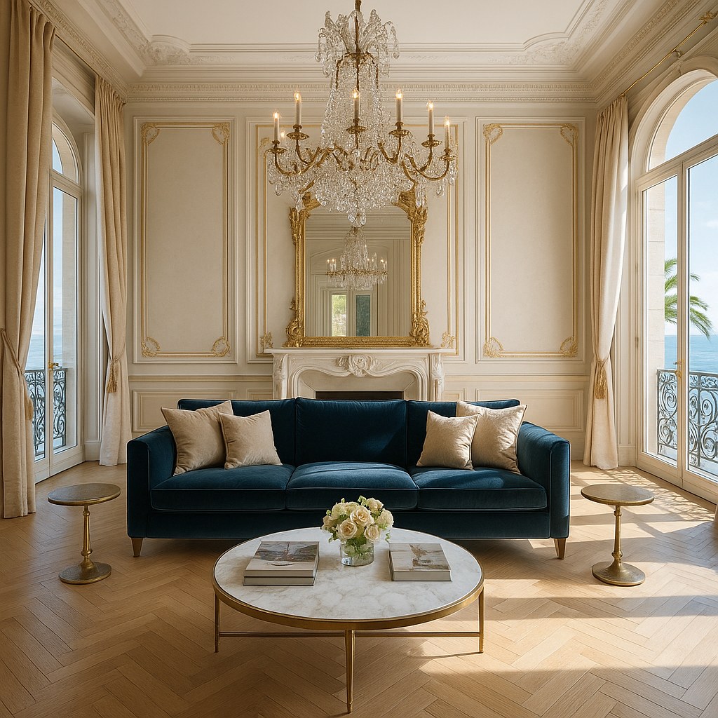 Meubles de luxe Beaulieu-sur-Mer salon d'une villa avec vue sur la baie des Fourmis de Casa Padrino