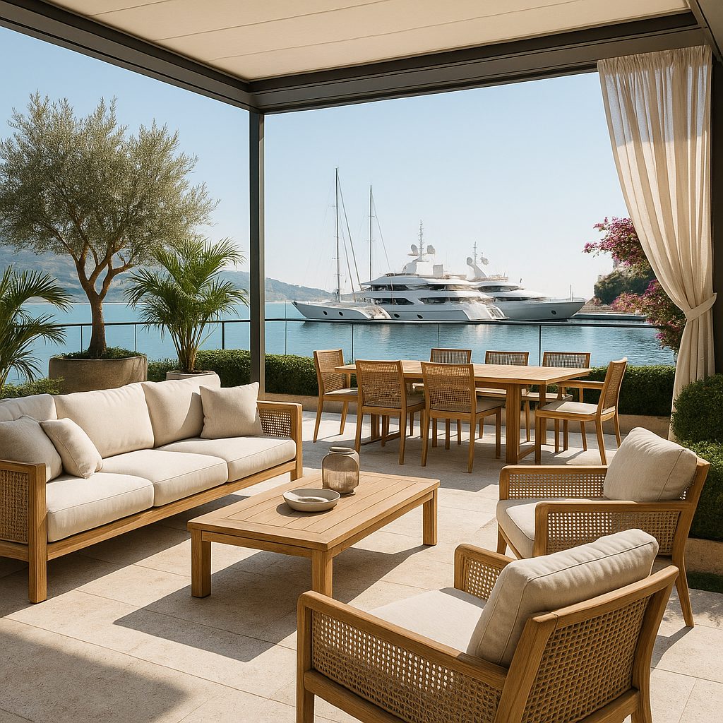 Meubles de luxe Beaulieu-sur-Mer terrasse face au port avec mobilier en rotin de Casa Padrino
