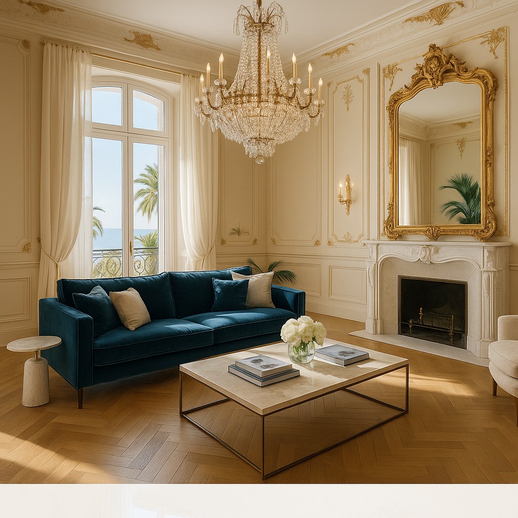 Meubles de luxe Cannes salon face à la Croisette avec canapé en velours de Casa Padrino