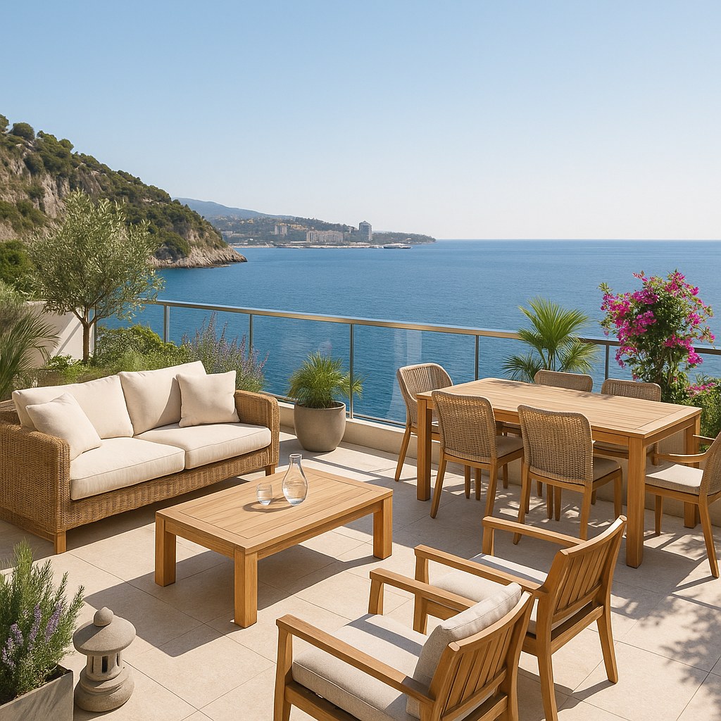 Meubles de luxe Cap-d'Ail terrasse face à la Méditerranée avec mobilier en rotin de Casa Padrino