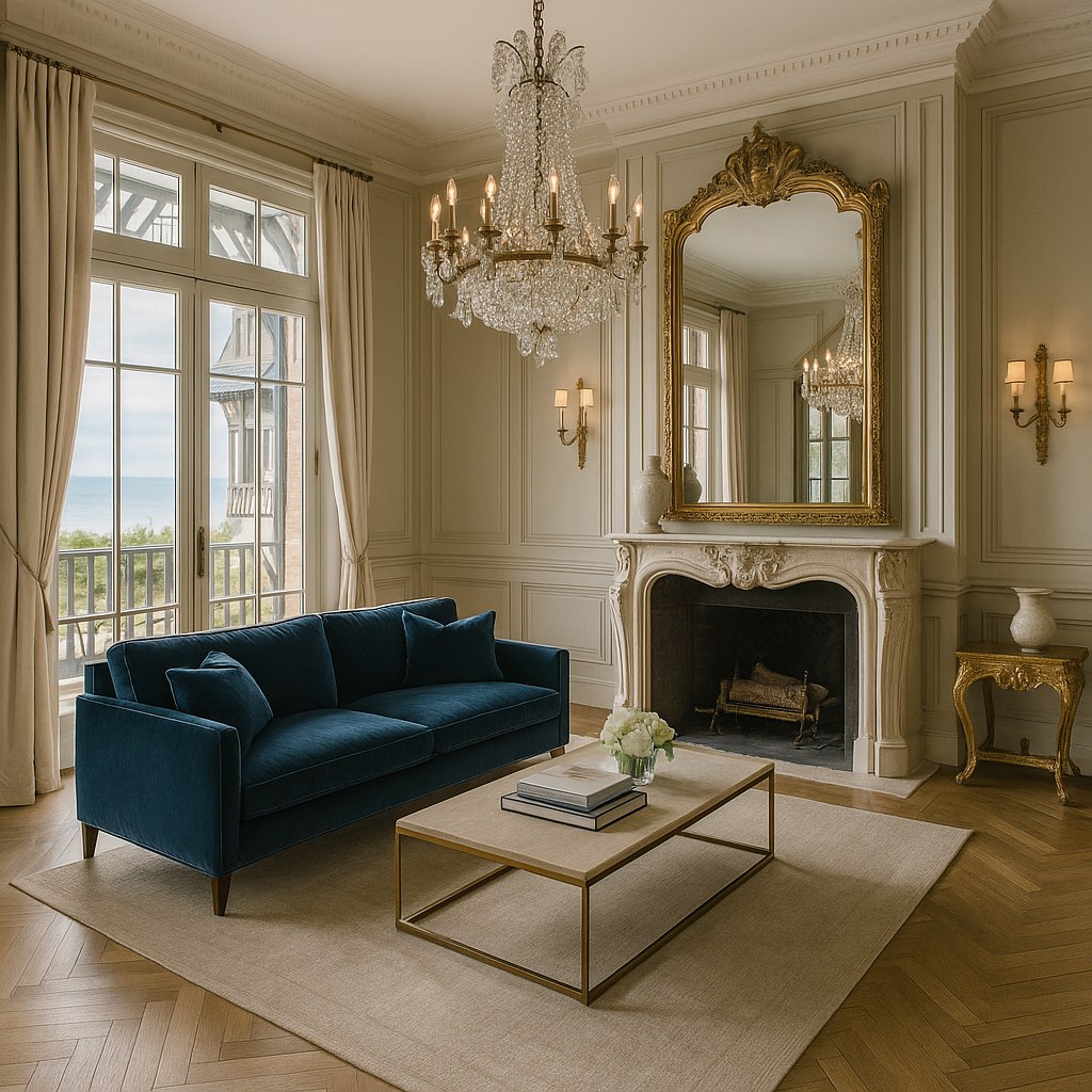 Meubles de luxe Deauville salon d'une villa anglo-normande avec canapé en velours de Casa Padrino