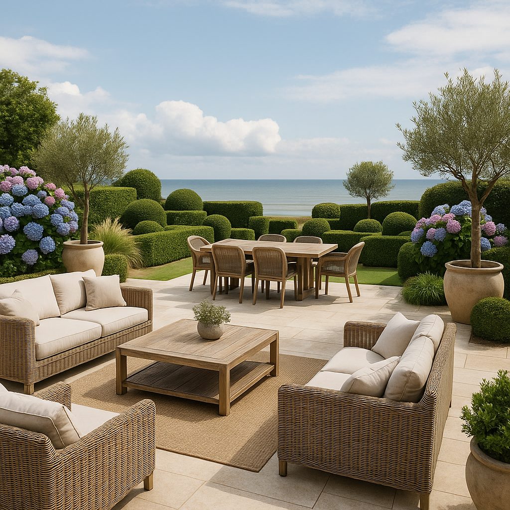 Meubles de luxe Deauville terrasse de jardin avec mobilier en rotin de Casa Padrino