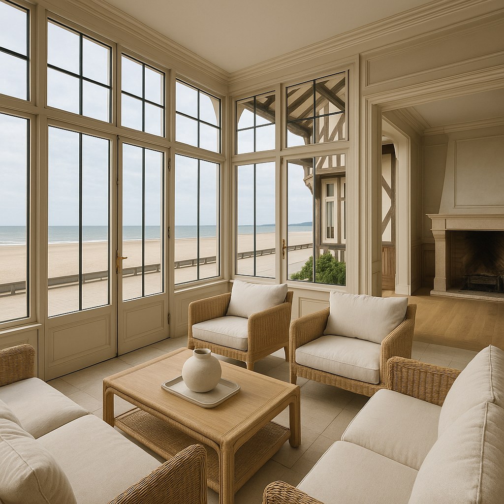 Meubles de luxe Deauville véranda avec vue sur la plage et les planches de Casa Padrino