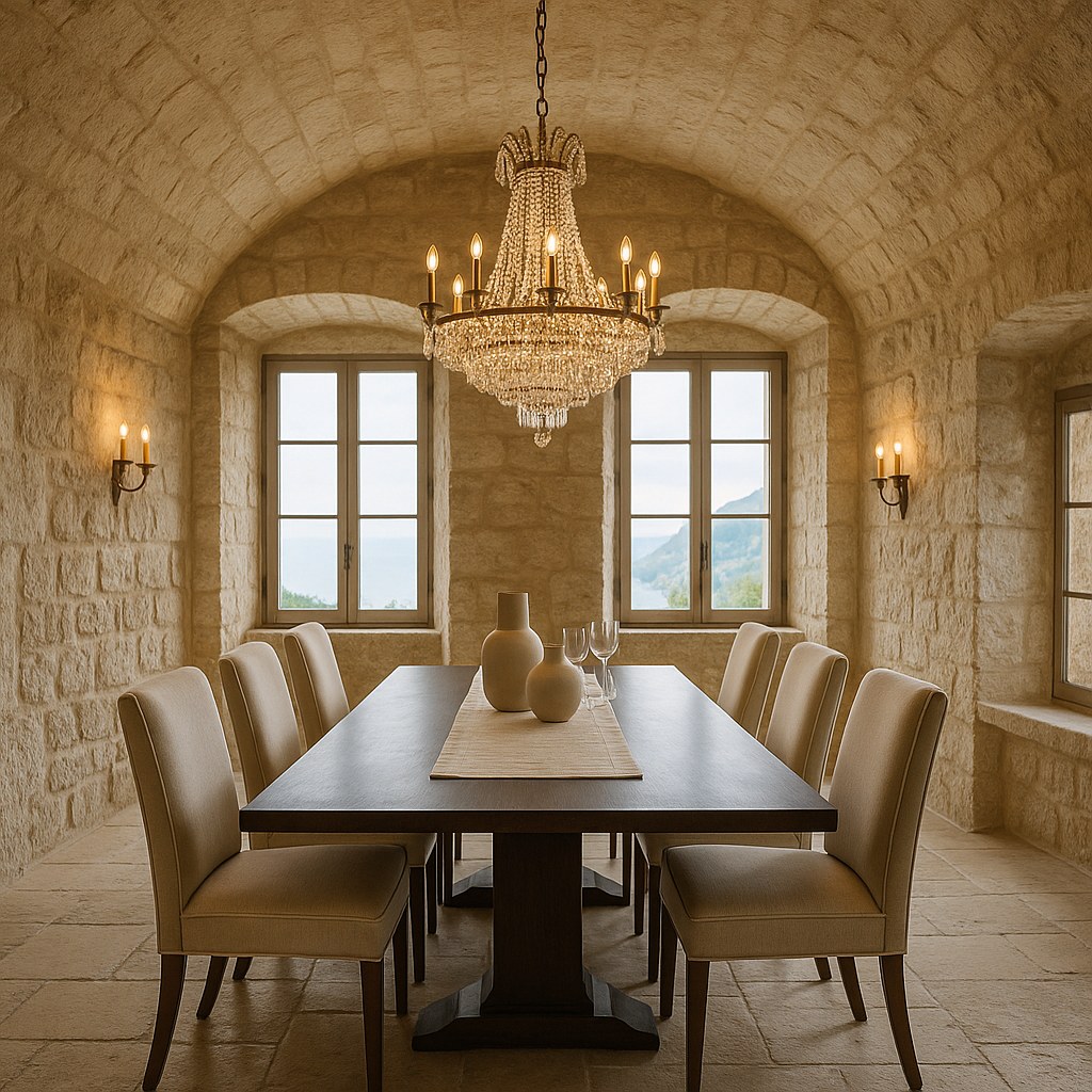 Meubles de luxe Èze salle à manger d'une maison de village avec lustre en cristal de Casa Padrino