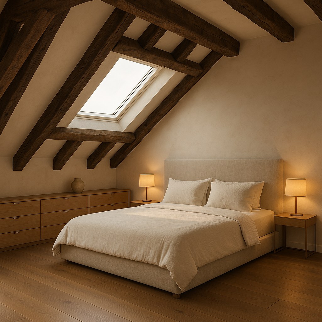 Meubles de luxe dans le Marais : chambre sous poutres apparentes par Casa Padrino