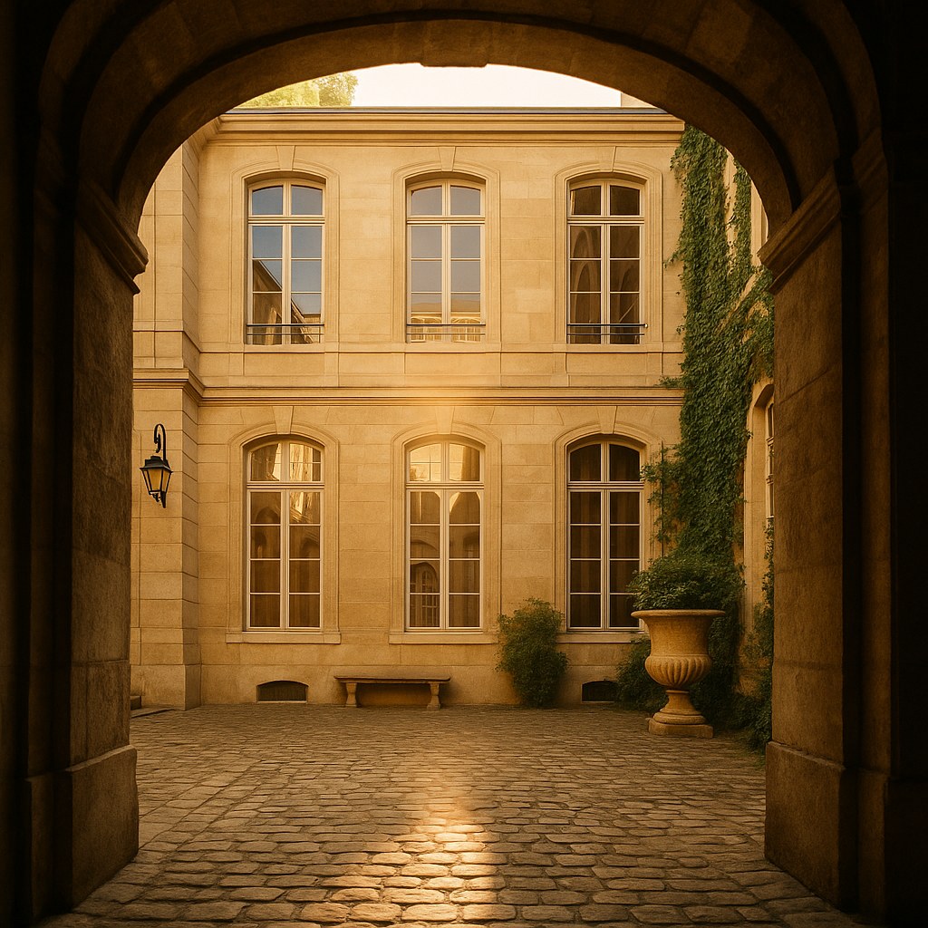 Meubles de luxe dans le Marais : cour pavée et porte cochère d'un hôtel particulier par Casa Padrino