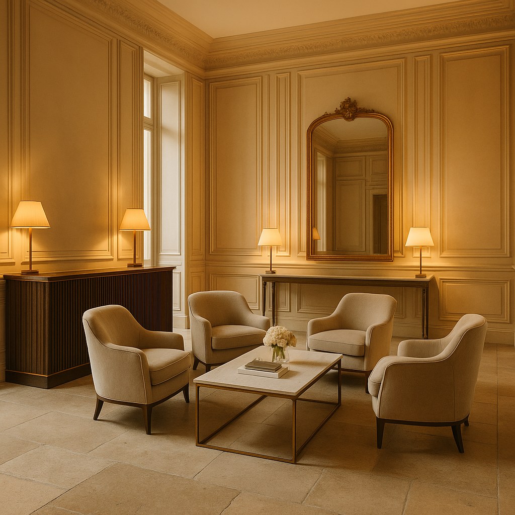 Meubles de luxe dans le Marais : hall d'hôtel de charme avec fauteuils par Casa Padrino