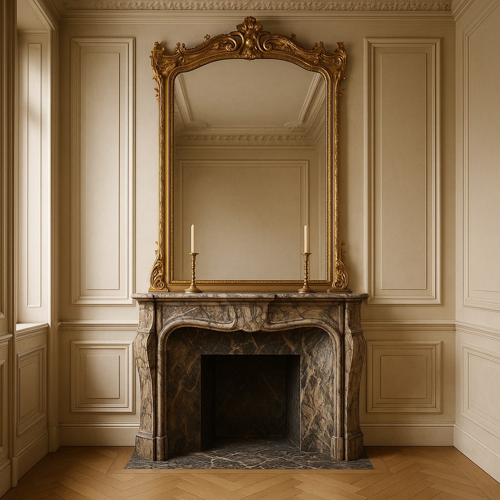 Meubles de luxe dans le Marais : miroir en trumeau au dessus d'une cheminée ancienne par Casa Padrino