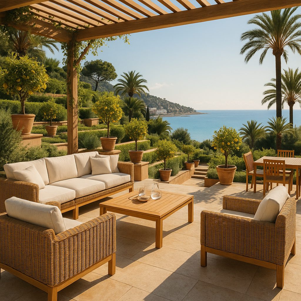 Meubles de luxe Menton terrasse dans un jardin d'agrumes avec mobilier en rotin de Casa Padrino