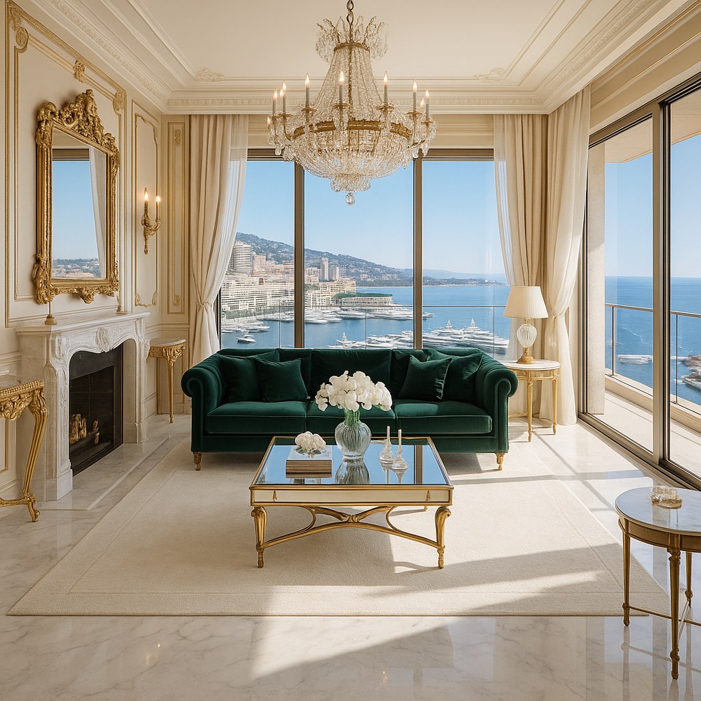 Meubles de luxe Monaco salon d'une tour avec vue sur le port Hercule de Casa Padrino