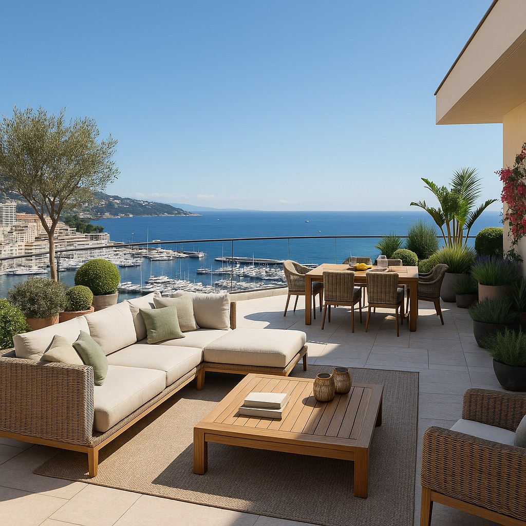Meubles de luxe Monaco terrasse ouverte sur la Méditerranée avec mobilier en rotin de Casa Padrino