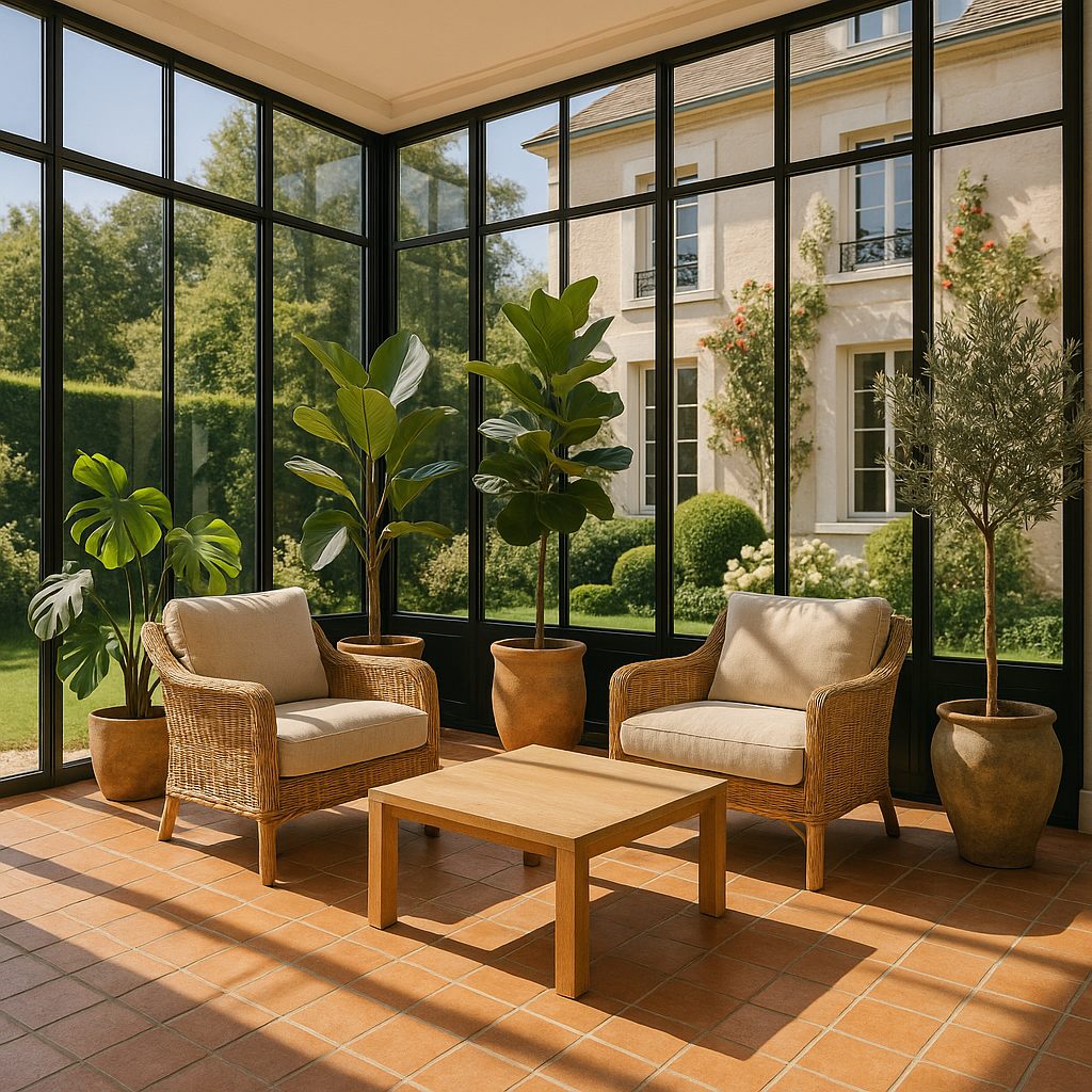Meubles de luxe à Neuilly sur Seine : véranda lumineuse meublée par Casa Padrino