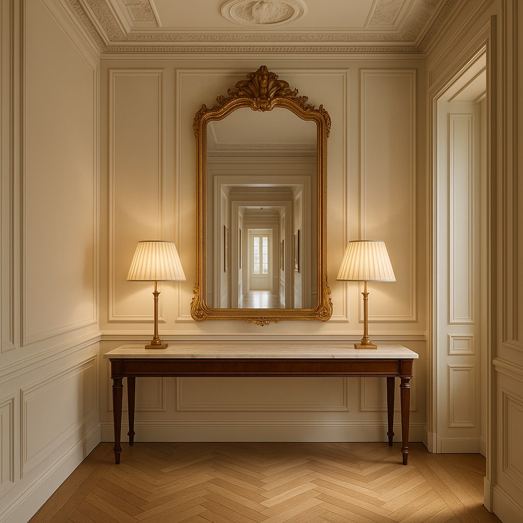 Meubles de luxe dans le 16e arrondissement : miroir dans une entrée à Passy par Casa Padrino