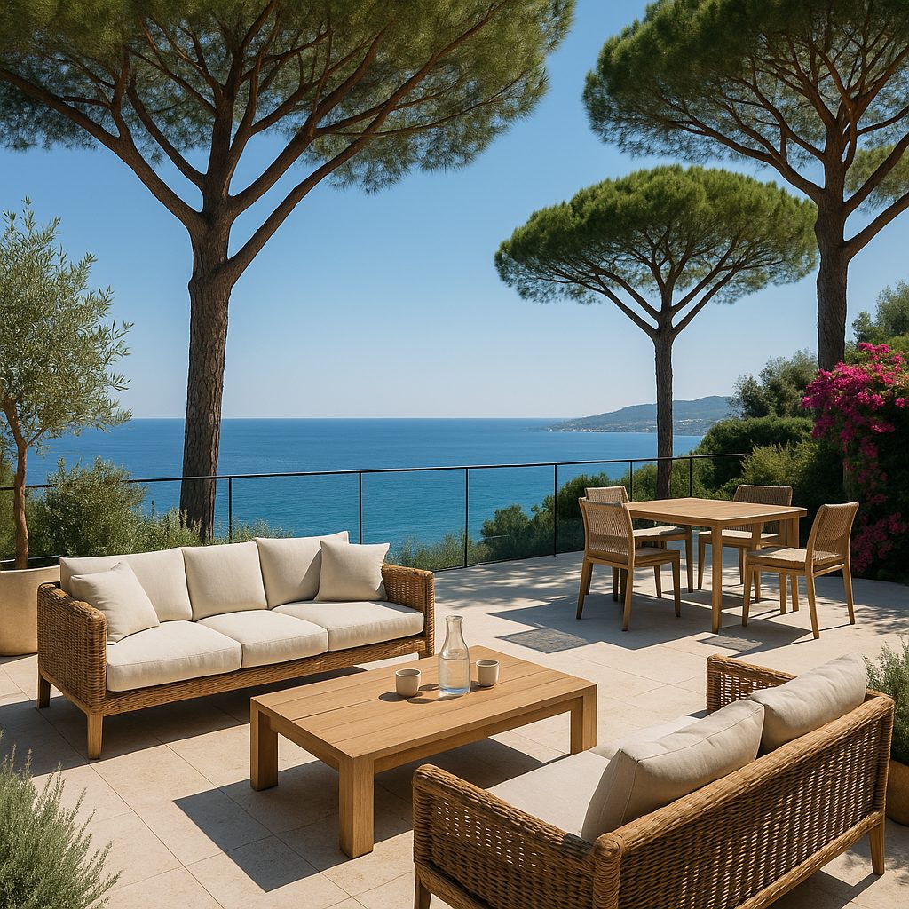 Meubles de luxe Roquebrune-Cap-Martin terrasse de jardin sous les pins avec mobilier en rotin de Casa Padrino
