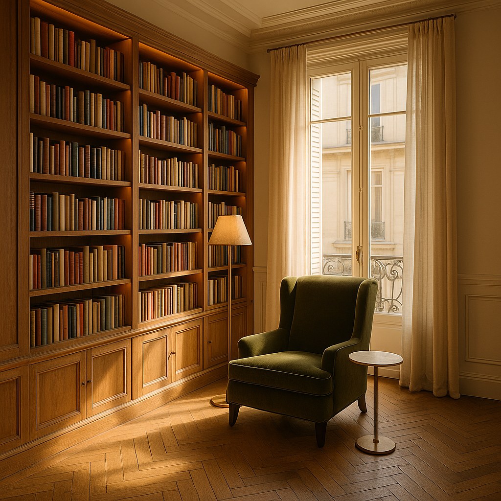 Meubles de luxe à Saint Germain des Prés : fauteuil de lecture devant une bibliothèque par Casa Padrino
