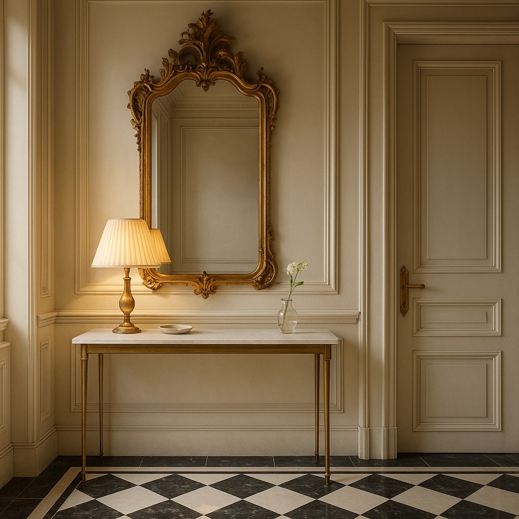 Meubles de luxe à Saint Germain des Prés : miroir dans une entrée d'appartement par Casa Padrino