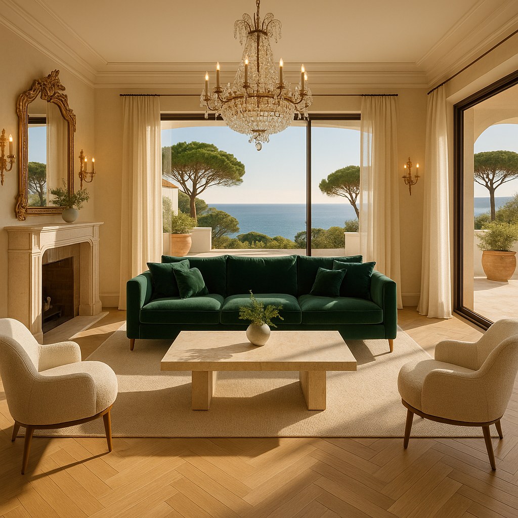 Meubles de luxe Saint-Tropez salon d'une villa avec vue sur le golfe de Casa Padrino