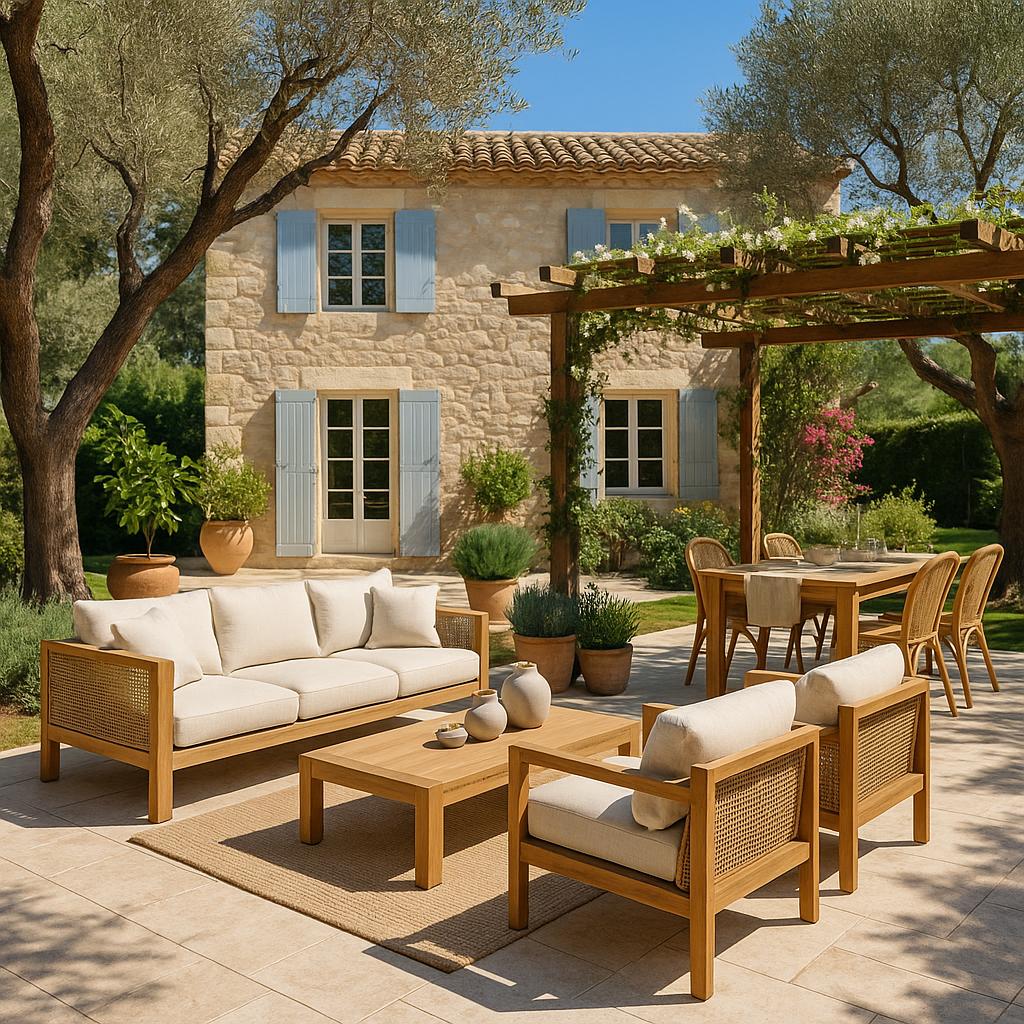 Meubles de luxe Valbonne terrasse entourée d'oliviers avec mobilier en rotin de Casa Padrino
