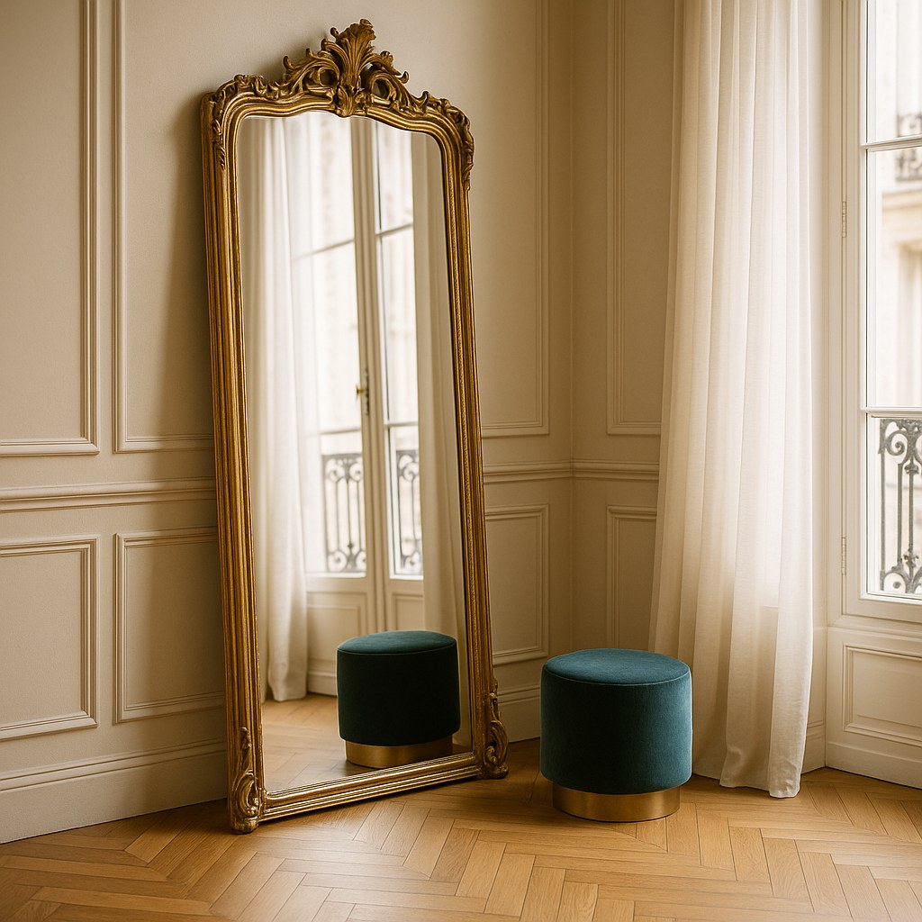 Miroir sur pied a cadre dore dans le dressing d un appartement parisien par Casa Padrino