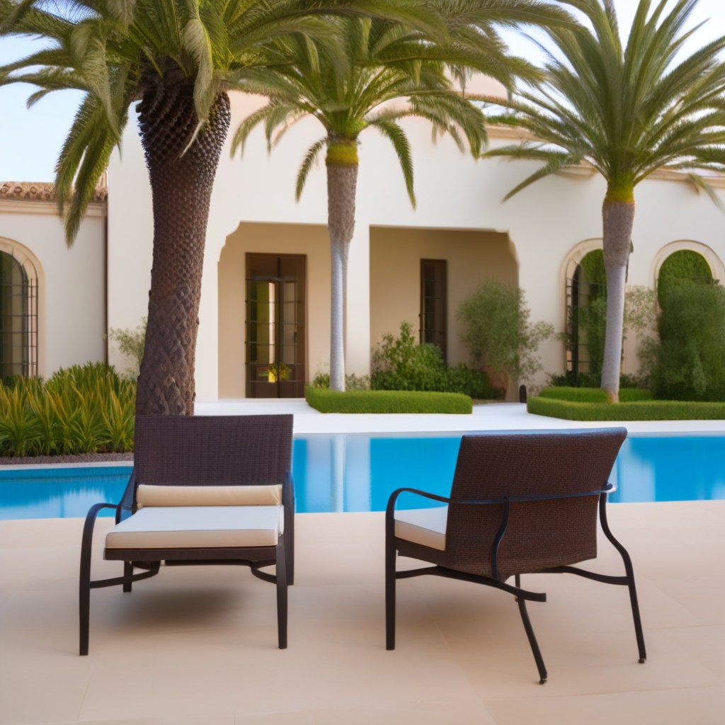 Ensemble de mobilier de jardin en fer forgé élégant au bord de la piscine d'une villa de luxe de Casa Padrino