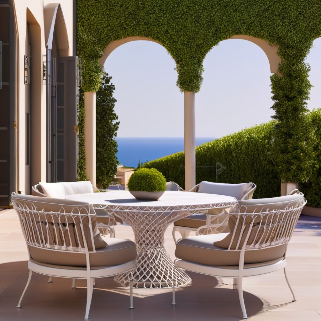 Salon de mobilier de jardin en fer forgé blanc sur une terrasse élégante de Casa Padrino