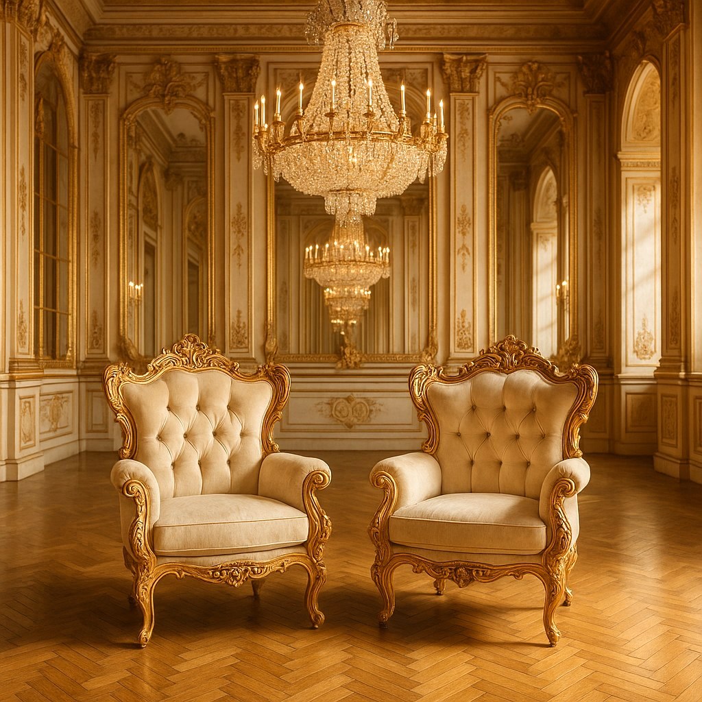 Paire de fauteuils baroques sous un lustre dans une salle de bal de Casa Padrino