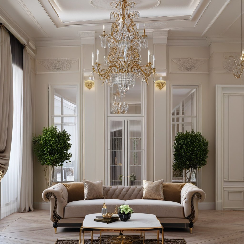 Salle à manger baroque avec grande table, chaises capitonnées et lustre en cristal