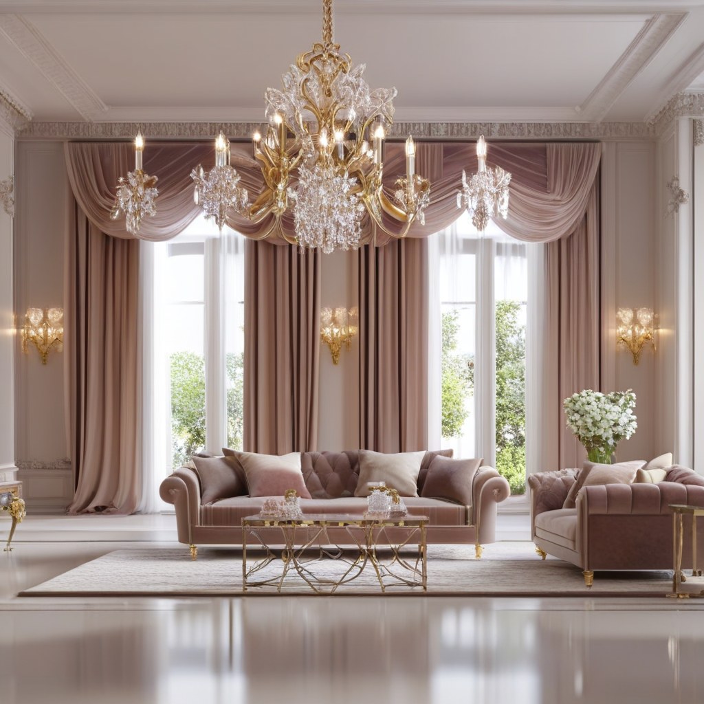 Salon baroque fastueux avec canapé en velours, miroir doré et lustre en cristal
