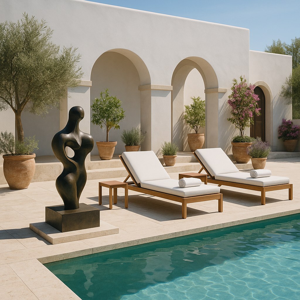 Sculpture en bronze au bord d une piscine sur la terrasse d une villa par Casa Padrino