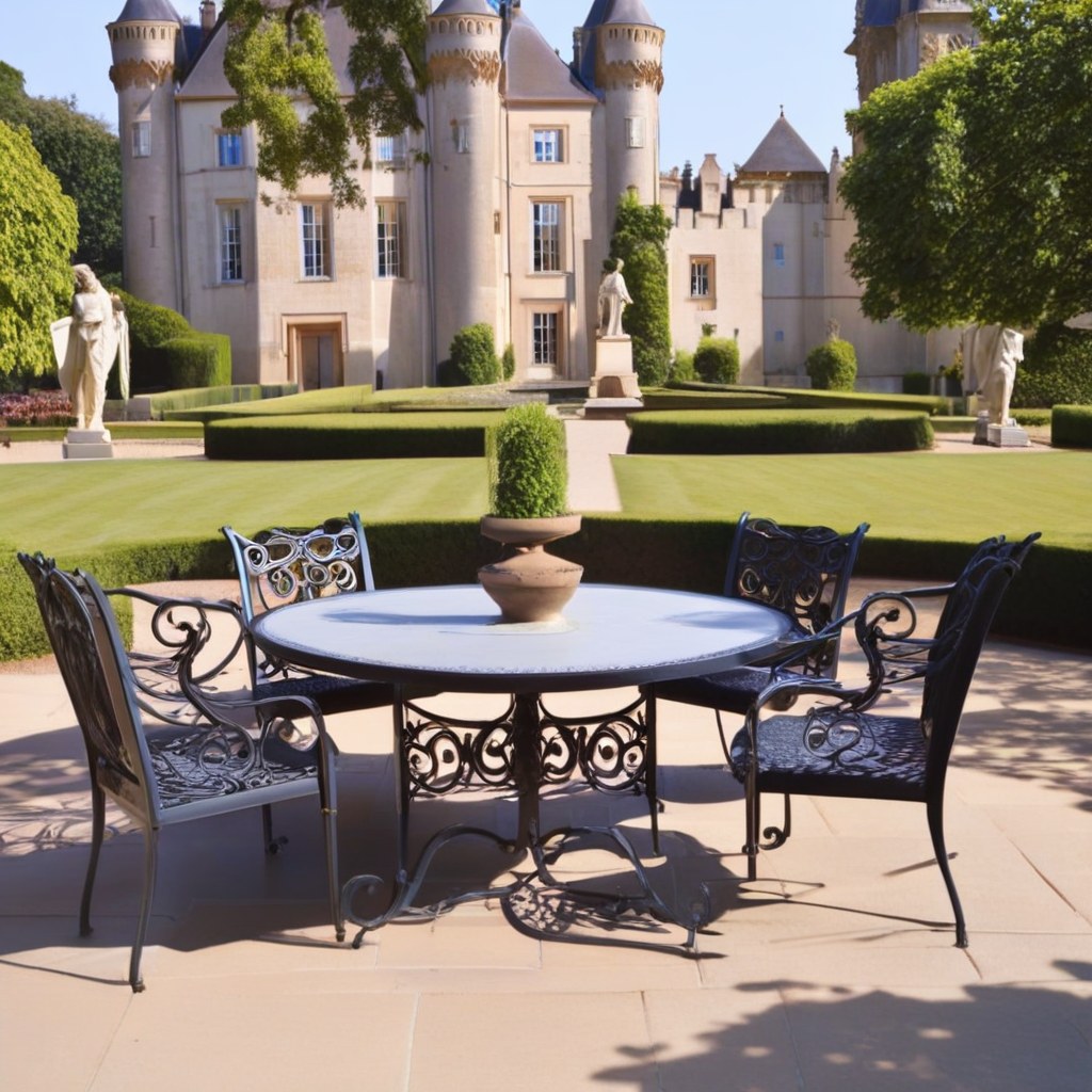 Table de mobilier de jardin en fer forgé avec chaises dans le parc d'un château de Casa Padrino