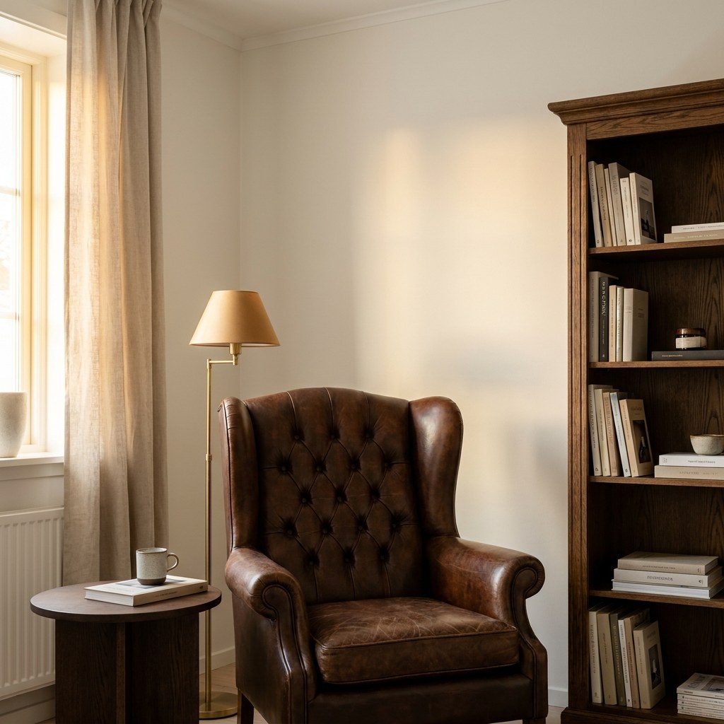 Πολυθρόνα με αυτιά σε καπιτονέ δέρμα chesterfield δίπλα σε βιβλιοθήκη από την Casa Padrino